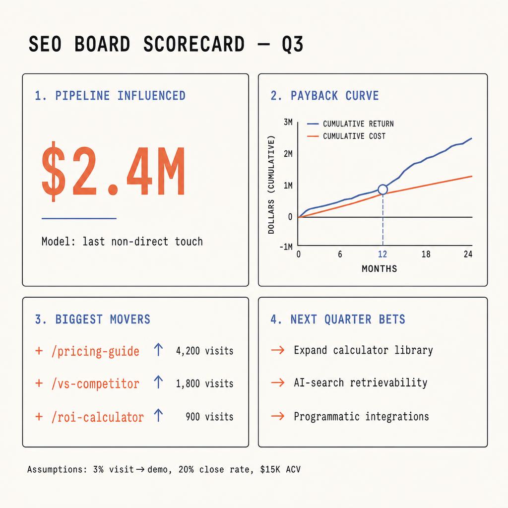One-page SEO board scorecard: pipeline influenced, payback curve with crossover, biggest movers, and next-quarter bets.