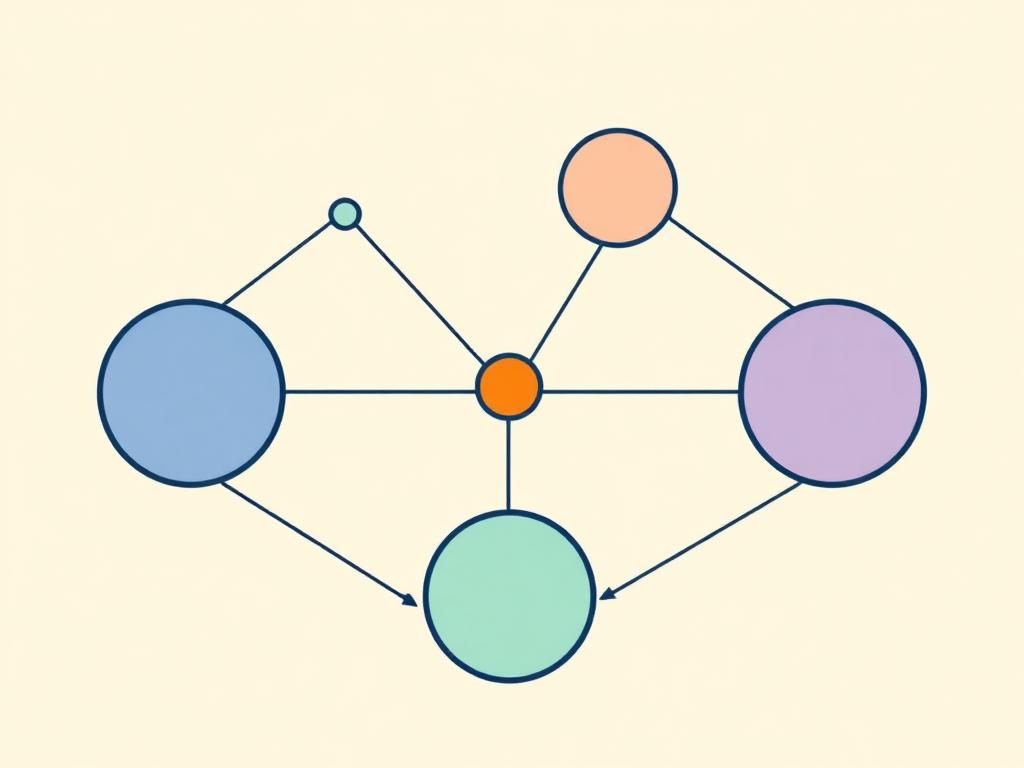 Flat-vector illustration of four connected nodes around a central hub, representing a distributed senior team