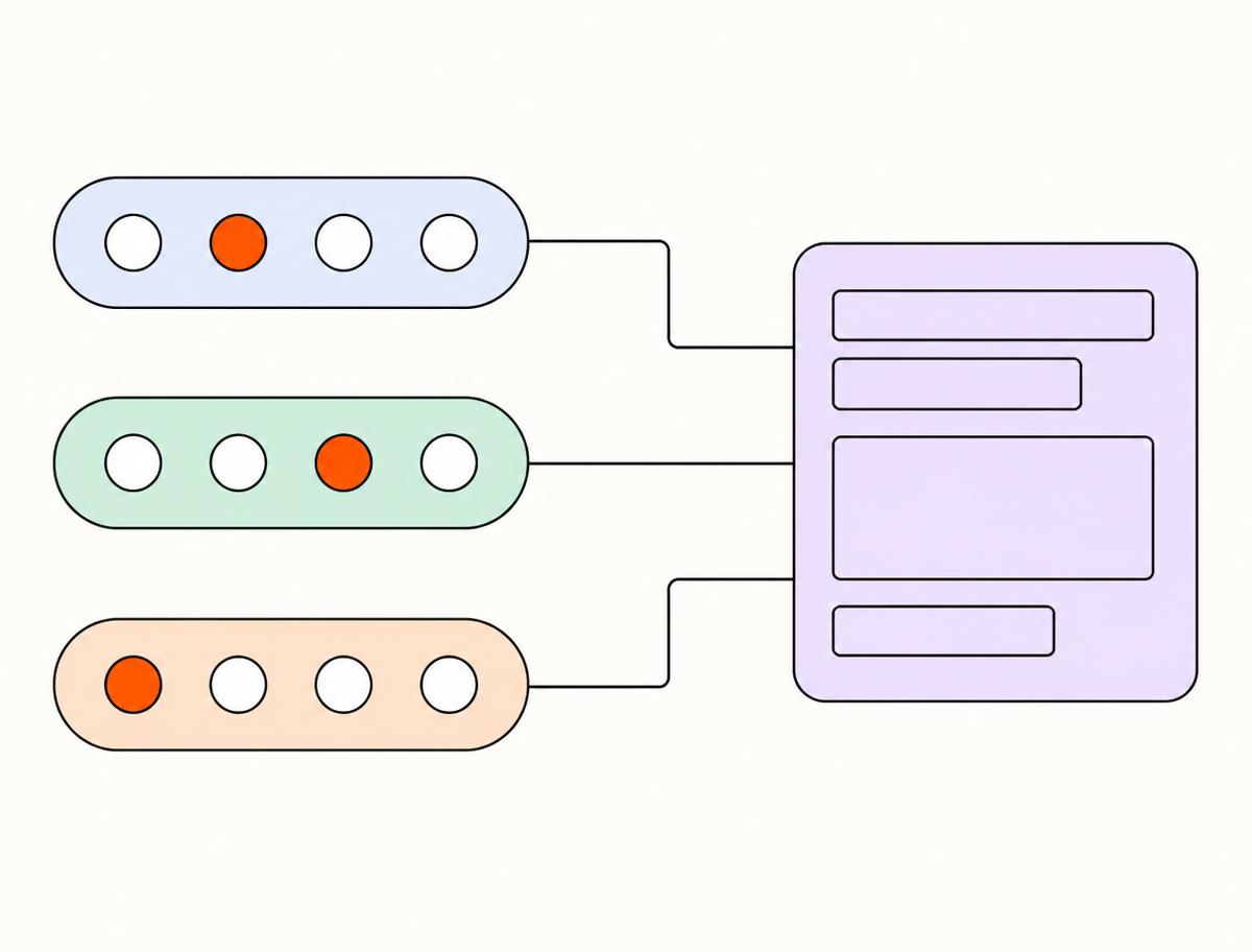 Illustration of three selector rows resolving into one matched result card