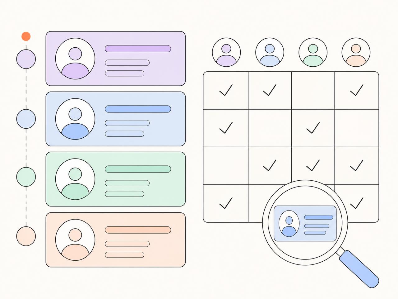 Flat vector illustration of ranked agency profile cards beside a side-by-side comparison grid