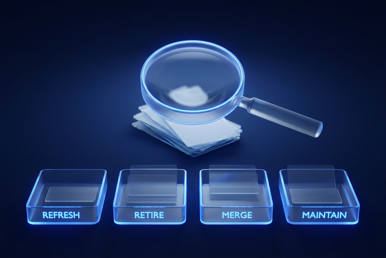 Frosted-crystal magnifying lens sorting translucent document slabs into four labeled glass trays representing the audit's four buckets.