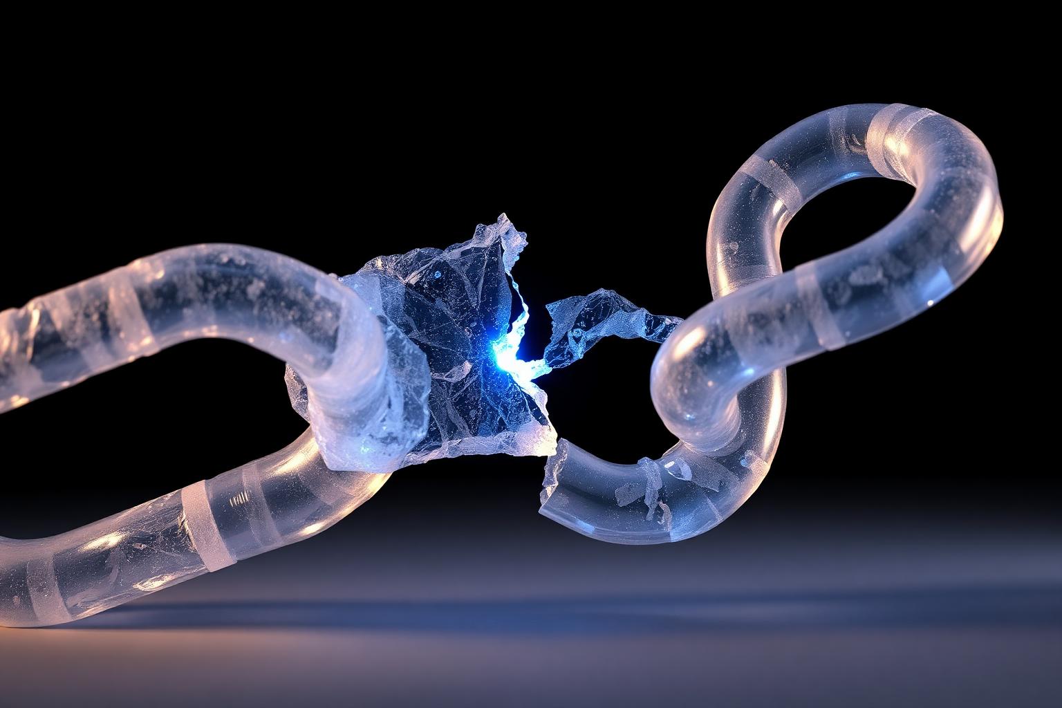 Frosted-crystal broken chain link being repaired with a glowing electric-blue seam, representing broken link building.