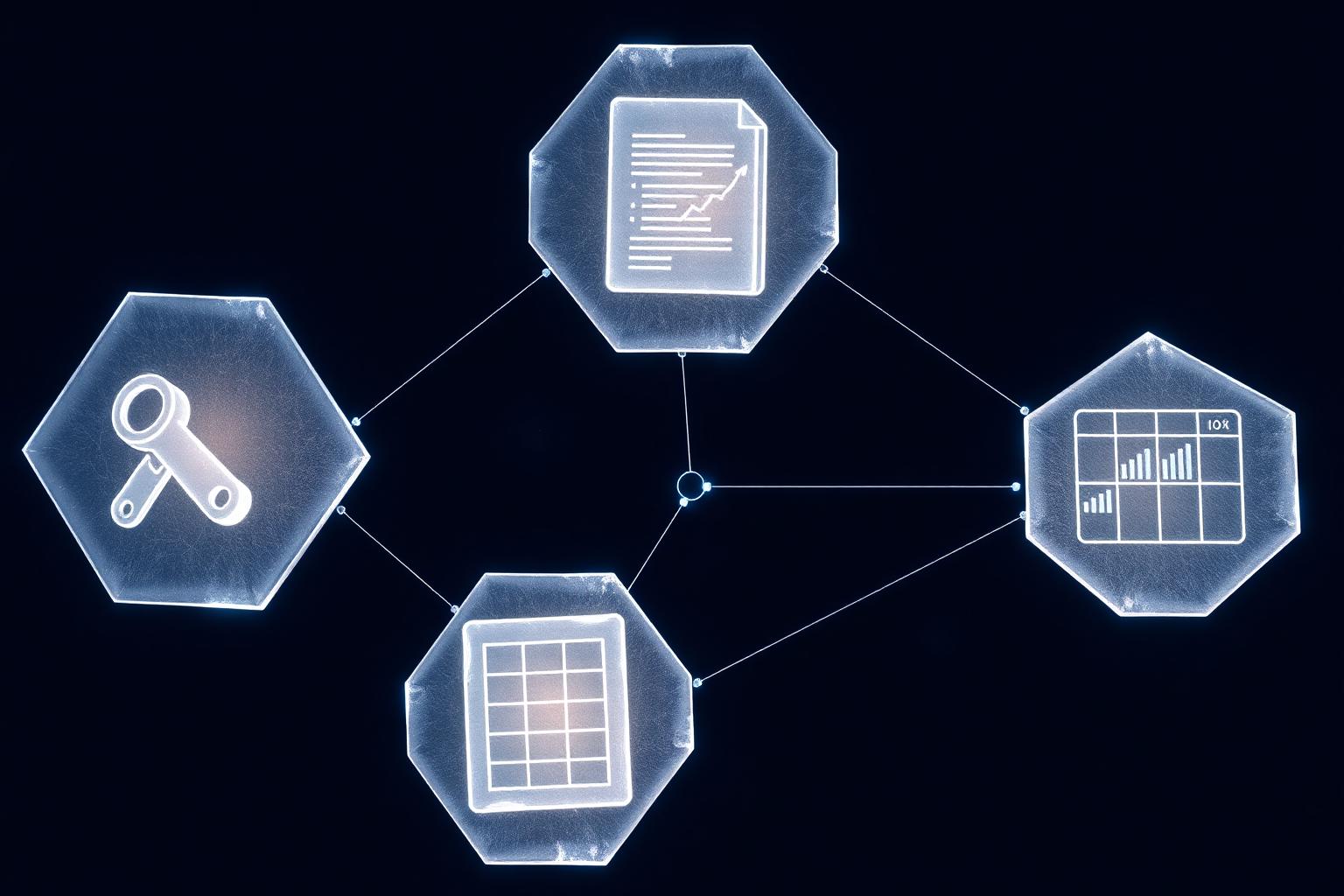 Frosted-crystal hex grid showing the five linkable asset categories connected by glowing light threads.