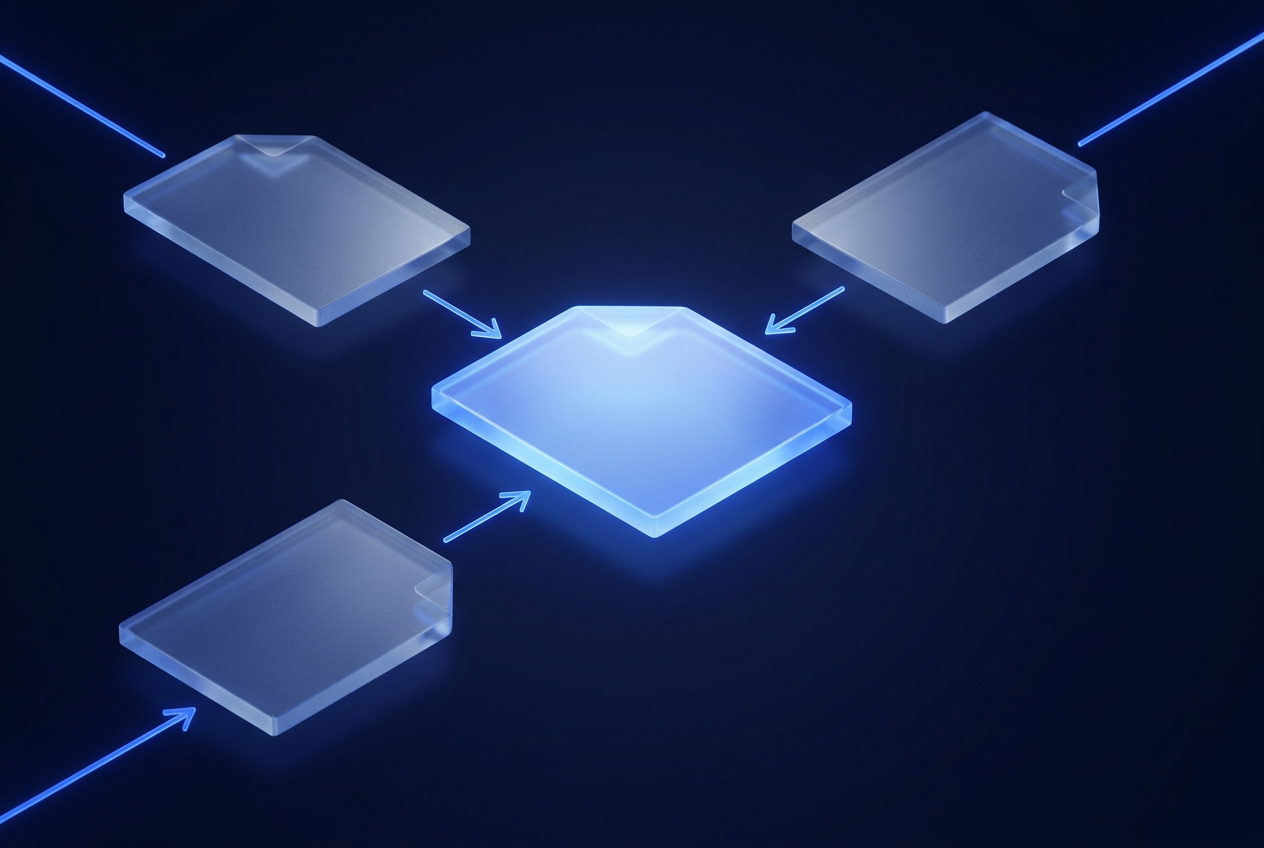 Frosted-crystal slabs converging and fusing into a single luminous glass slab, representing content consolidation.