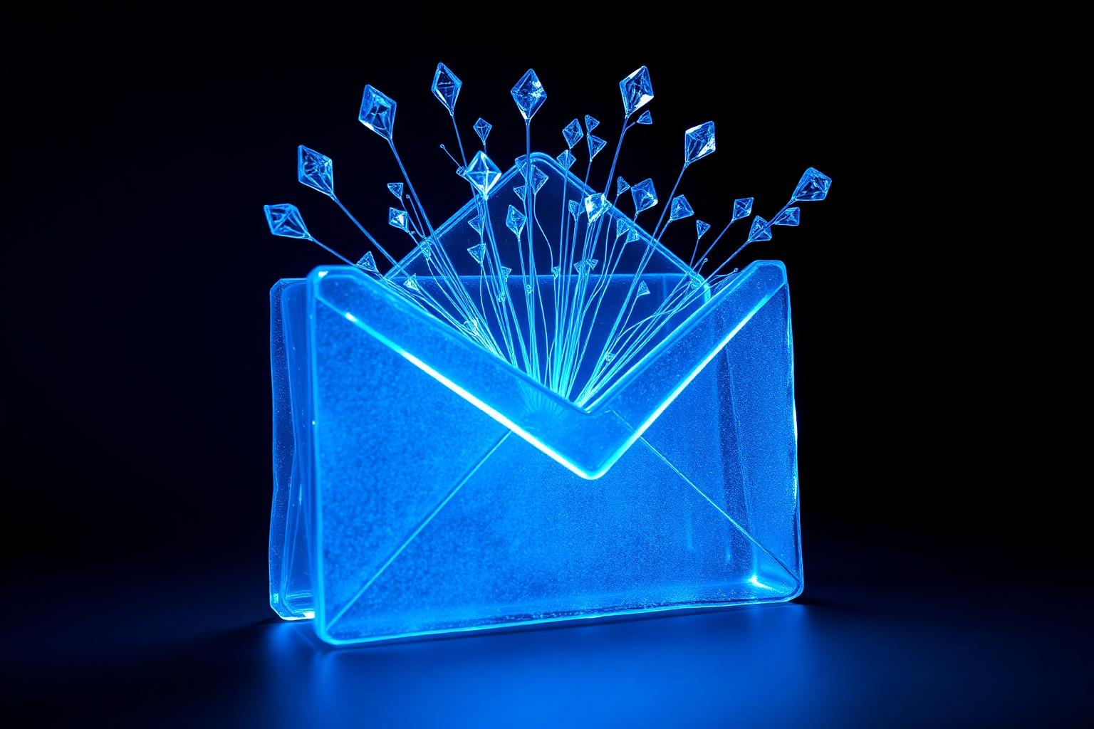 Frosted-crystal email envelope glowing electric blue with personalized outreach strands radiating outward.