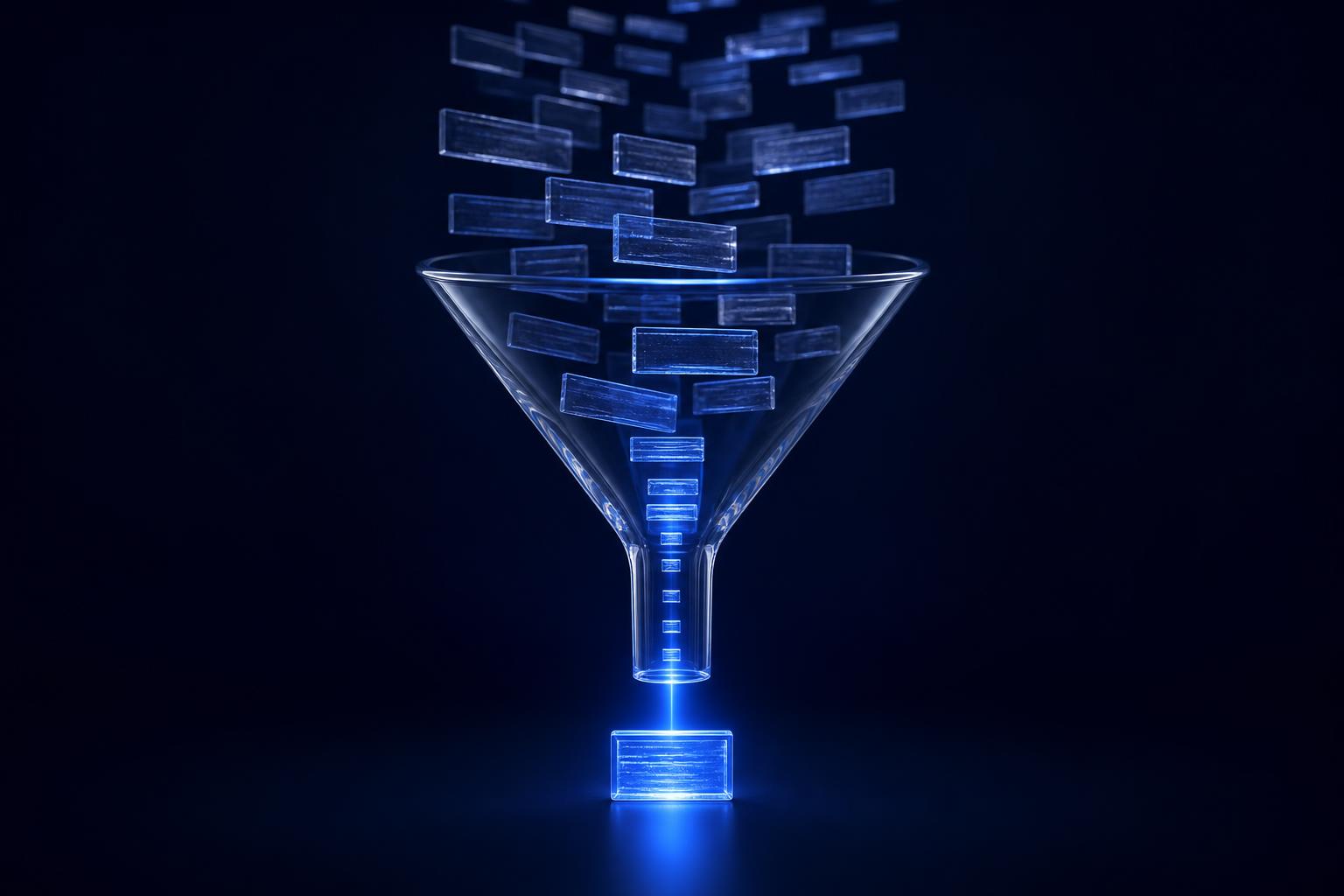 Crystal funnel filtering text fragments down into a single glowing extracted citation block.