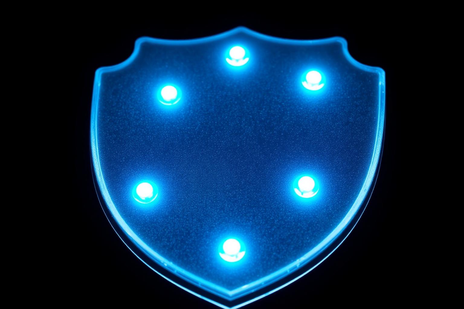 Frosted-crystal shield with eight glowing electric-blue signal nodes representing the niche edit farm detection signals.