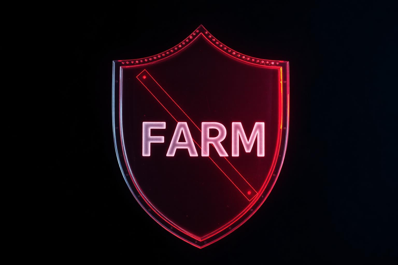 Frosted-crystal warning shield with FARM label, glowing red, representing guest post farm detection.