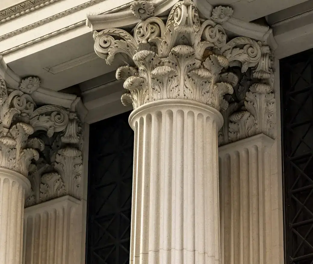 The classical column facade of a bank building