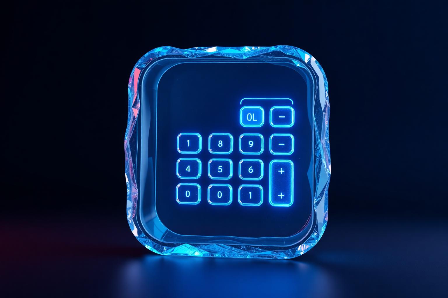 Frosted-crystal calculator widget glowing electric blue, representing a free tool linkable asset.