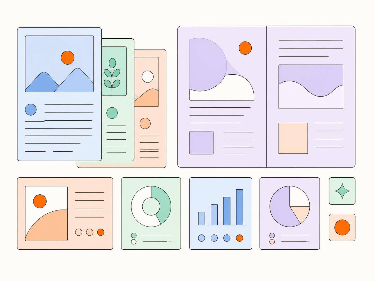 Illustration of article cards, an editorial spread and small analytics tiles