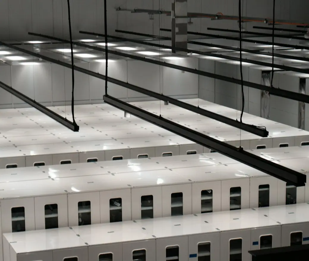 Rows of server cabinets in a data center