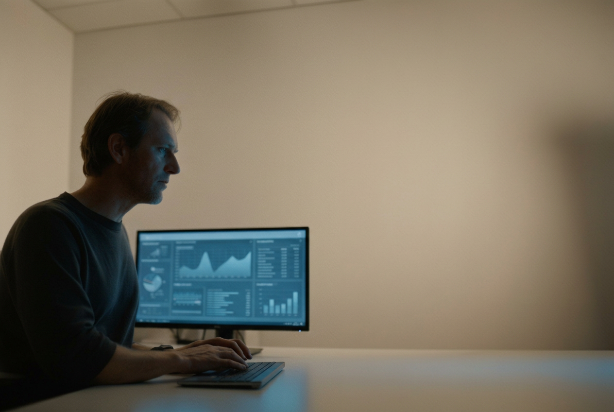 A senior SEO operator working late at a quiet desk