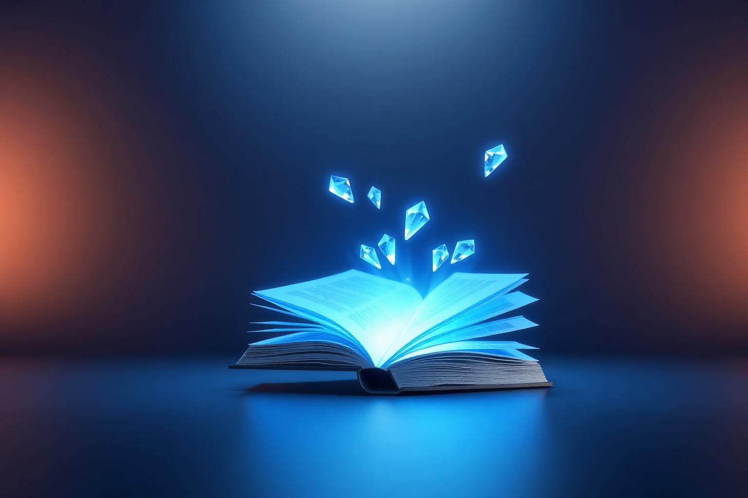 Frosted-crystal research report glowing electric blue with citation shards orbiting around it.