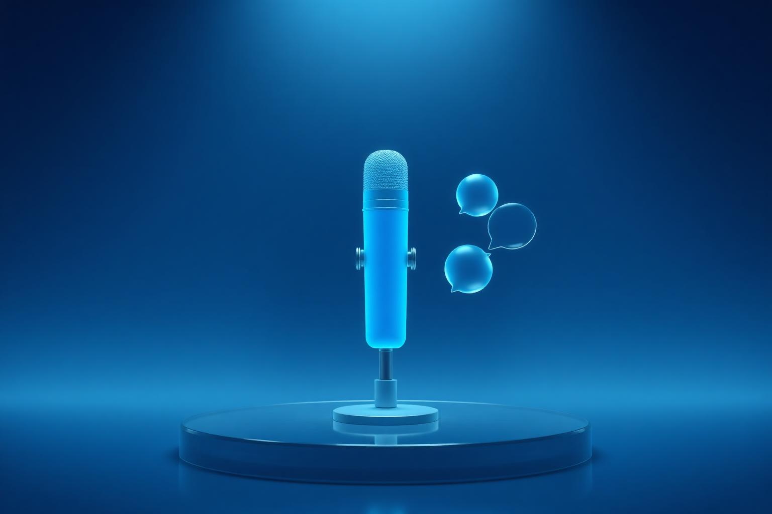 Frosted-crystal microphone with two translucent speech bubbles representing an SME interview.