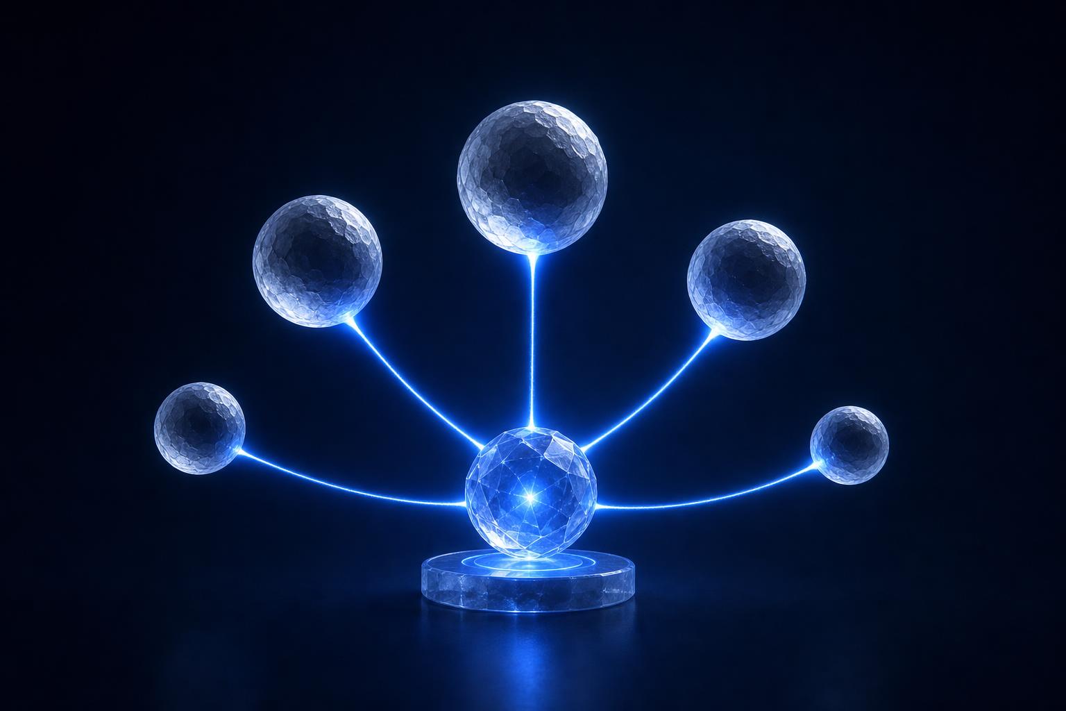 Five frosted-crystal AI surface orbs feeding a single central node via electric-blue beams.