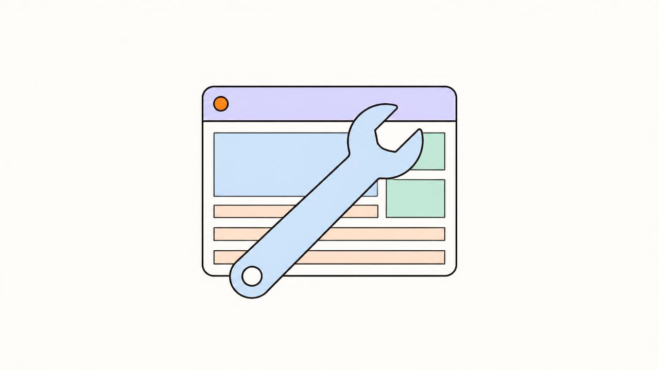 Browser window with a speed gauge, code brackets, sitemap tree and a wrench