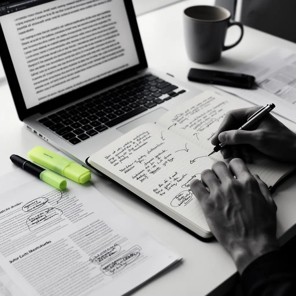 Writer drafting long-form content with handwritten interview notes and annotated research