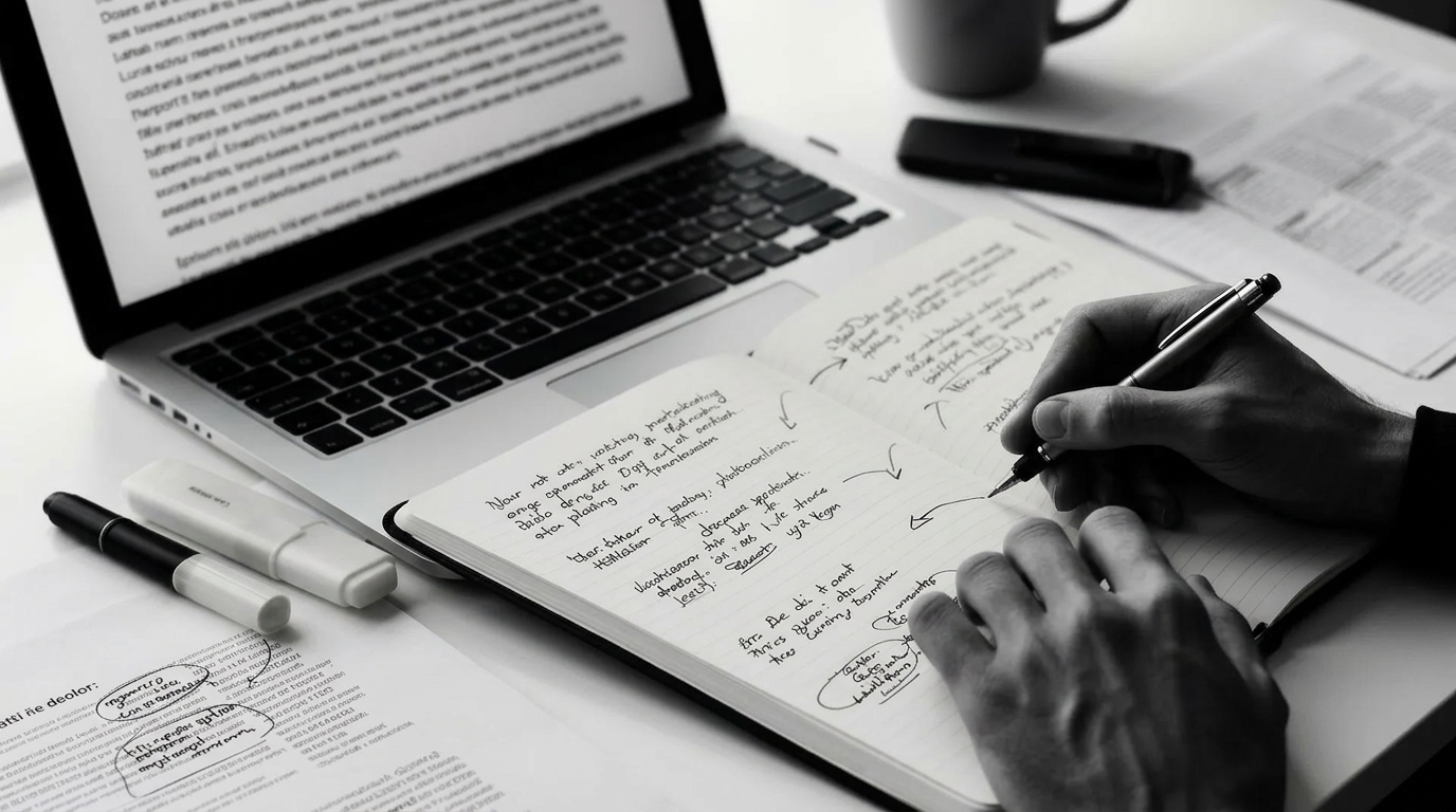 Writer drafting long-form content with handwritten interview notes and annotated research