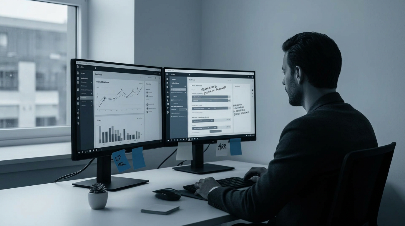 B2B SaaS strategist reviewing product analytics and ICP notes at a quiet desk