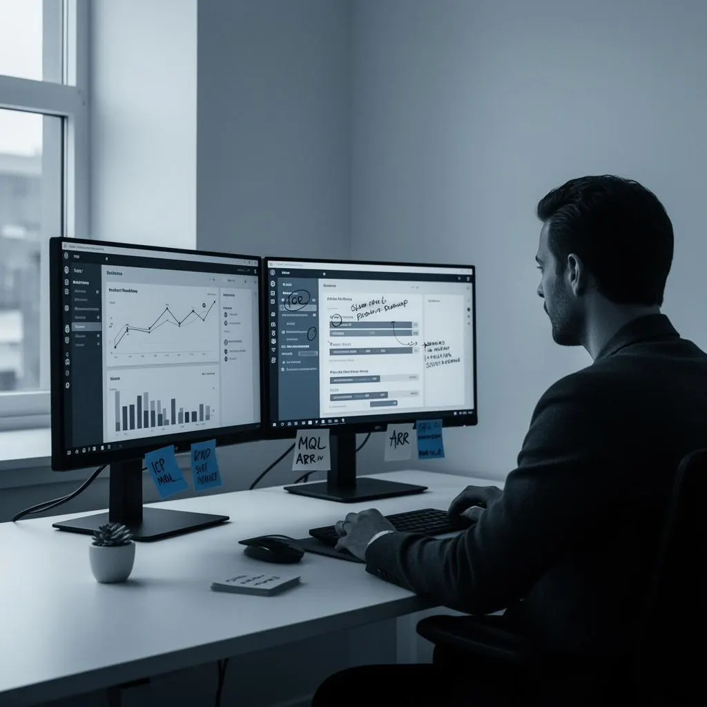 B2B SaaS strategist reviewing product analytics and ICP notes at a quiet desk