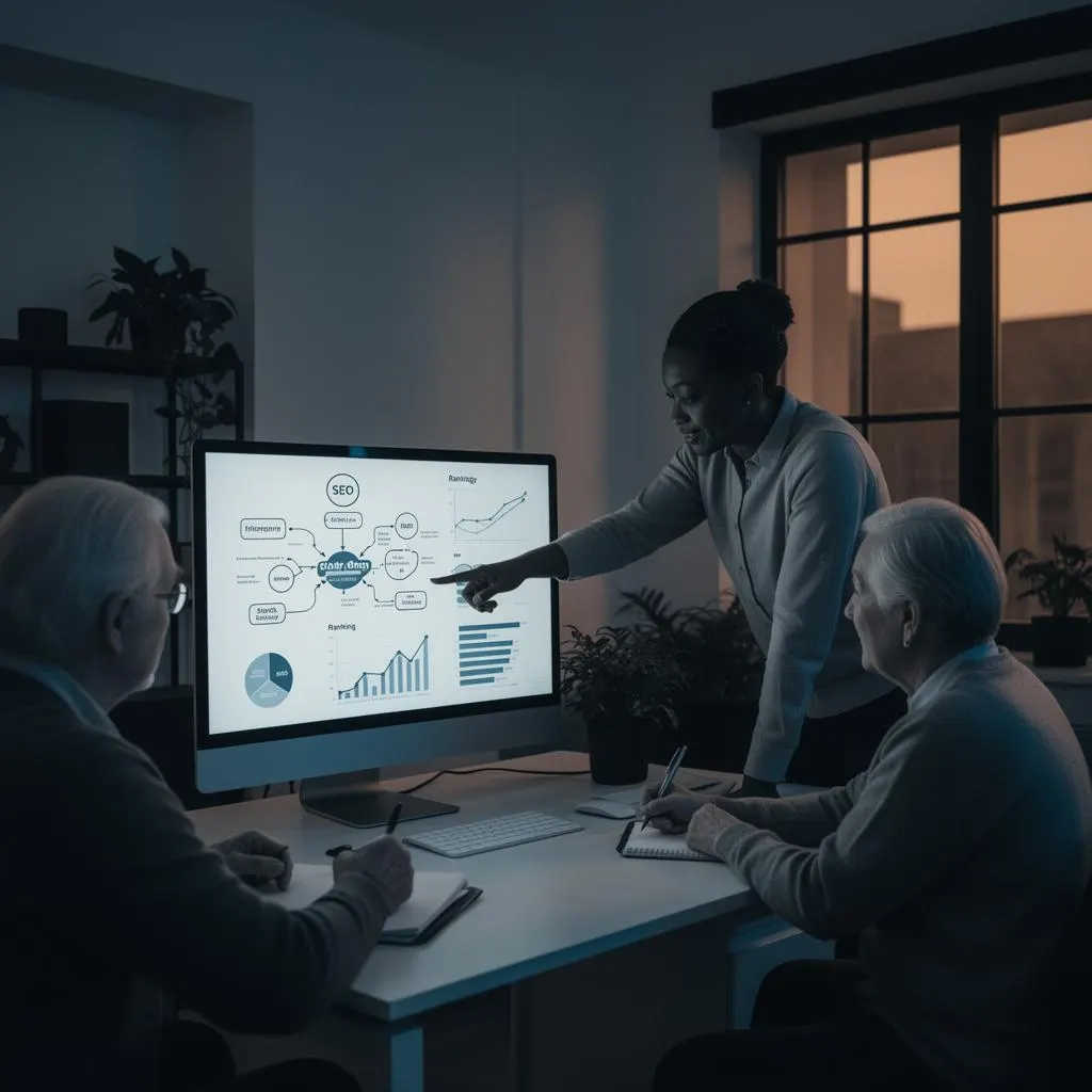 A small senior team working through SEO strategy around a single screen in the evening