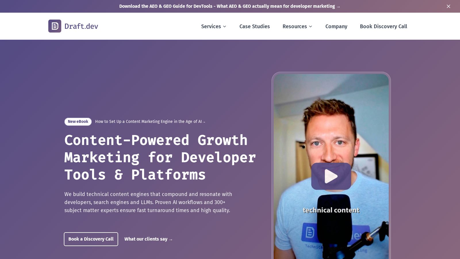 Draft.dev homepage, captured September 2026