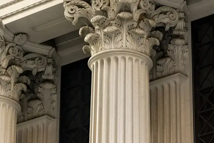 The classical column facade of a bank building
