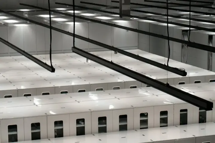 Rows of server cabinets in a data center